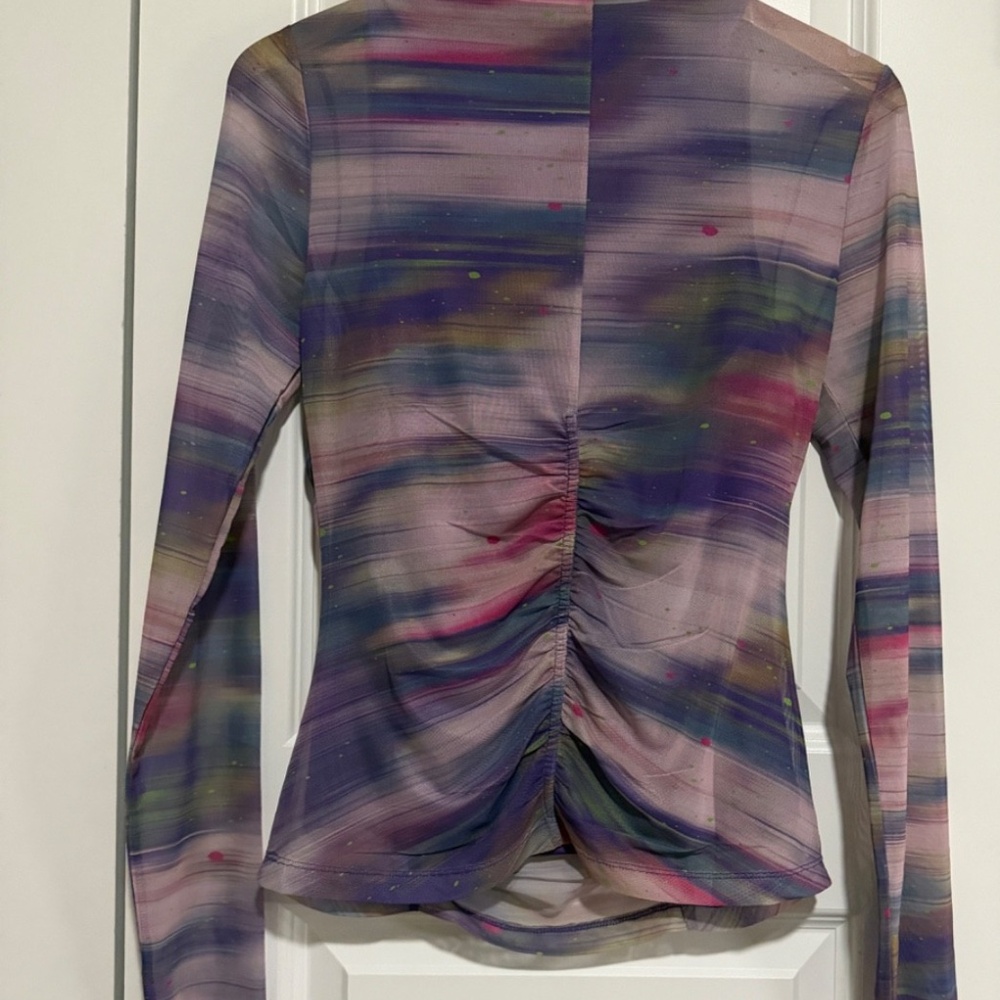 Anthropologie Double-Layer Mesh Top Sheer Trendy Blouse Size Medium Purple Pink - Picture 4 of 9